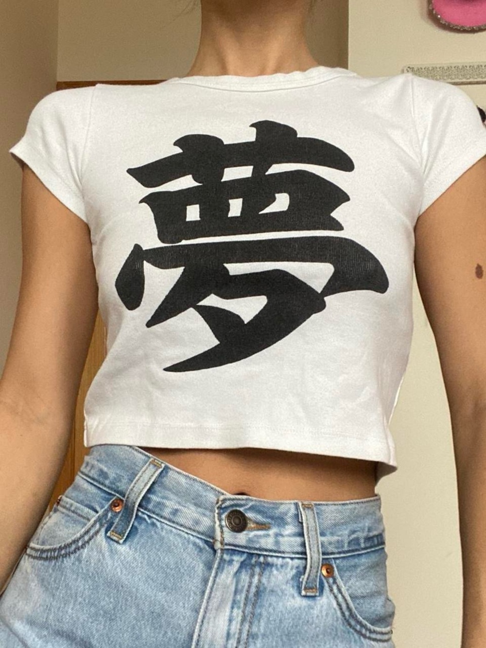 Brandy Melville Baby Tee Shirt Graphic Crop Tee with Chinese Charactersfor Dream